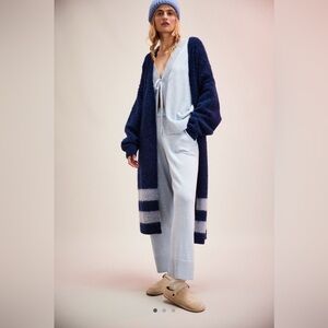 Free People Deep Blue & Light Gray Cardigan – XL, Open Front, Relaxed Fit